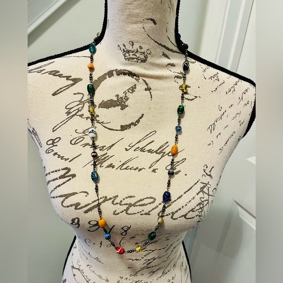 VINTAGE Murano Millefiori Glass Necklace 32” L, Artisan Statement Necklace